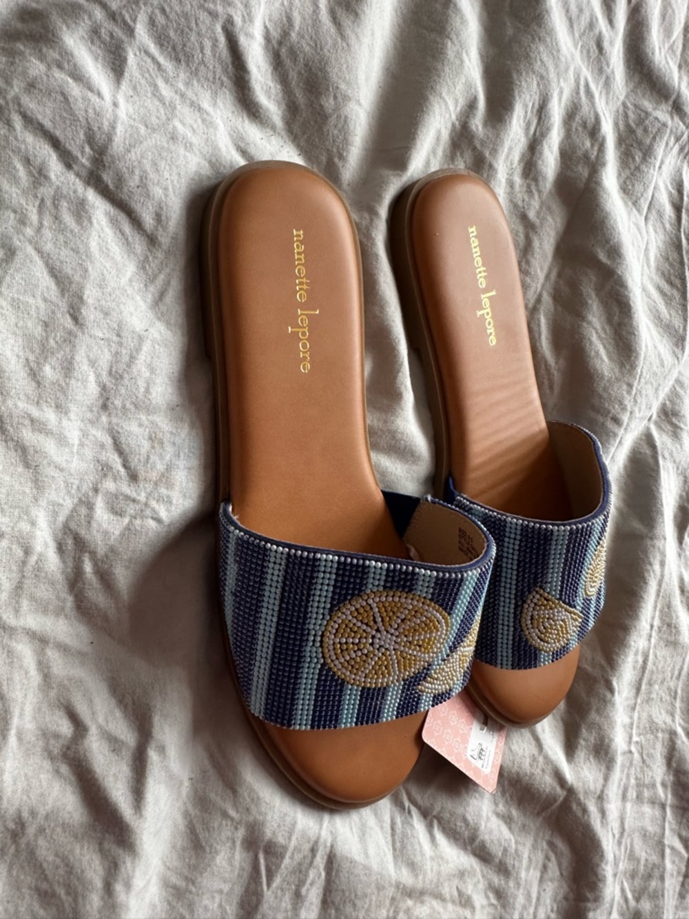Nanette Lepore Beaded Lemon Slide Sandals Blue Stripe Size 9.5 - Picture 6 of 8
